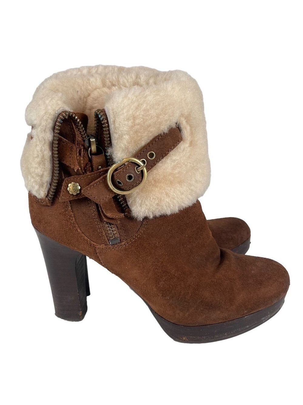 UGG Australia Womens Scarlett Sheepskin Cuff Heeled Brown Leather Ankle Boots
